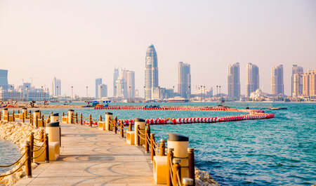 Qatar, Doha - September 7, 2025: Doha city Skyscrapers view from the beach