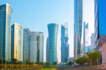 Qatar, Doha - September 5, 2025: Doha city with skyscrapers at sunset. View from the Al Corniche