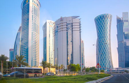 Qatar, Doha - September 5, 2025: Doha city with skyscrapers at sunset. View from the Al Corniche
