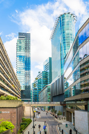 London, UK - September 25, 2025: Office skyscrapers and Barbican city development of 1960 in the...