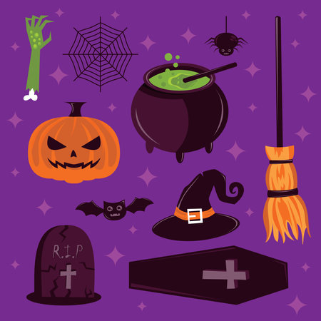 Halloween icon set on purple background. Vector illustration in flat style.のイラスト素材