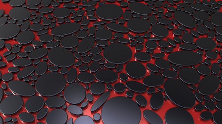 Black drops of different forms on a red backgroundの写真素材