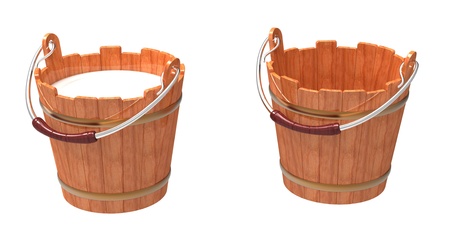 Wooden bucket filled and empty on a white backgroundの写真素材