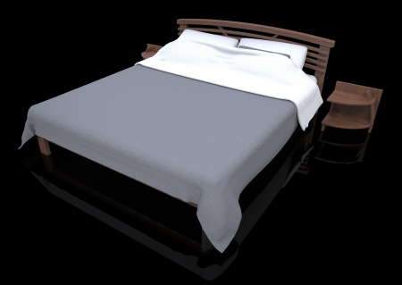3d render of wooden bed on a black backgroundの写真素材