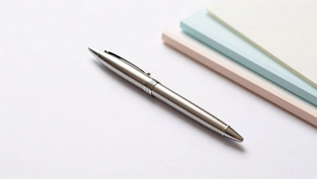 Pen and note book on white paper background, business and education conceptの素材