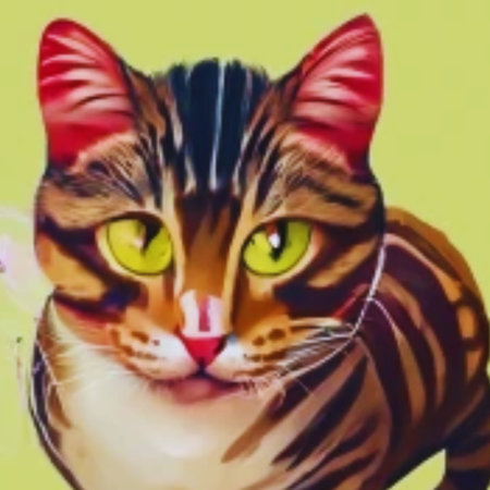 Bengal cat with green eyes and red nose on green backgroundの素材