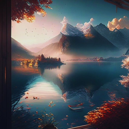 Reflection of mountains and clouds in the lake. Digital painting.の素材