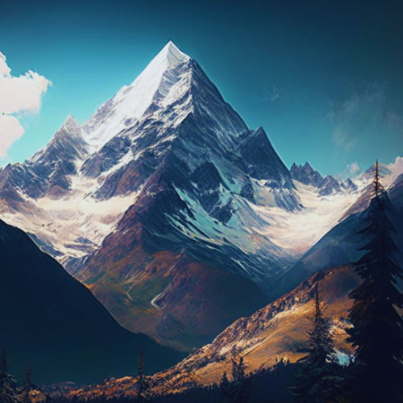 Mountain landscape with forest and high peaks in the clouds. Digital paintingの素材