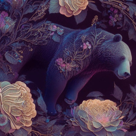 Bear and flowers on a black background. Hand-drawn illustration.の素材