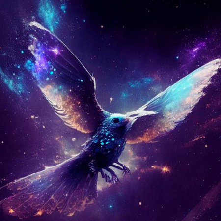 Bird in space with stars and nebula. Colorful background.の素材