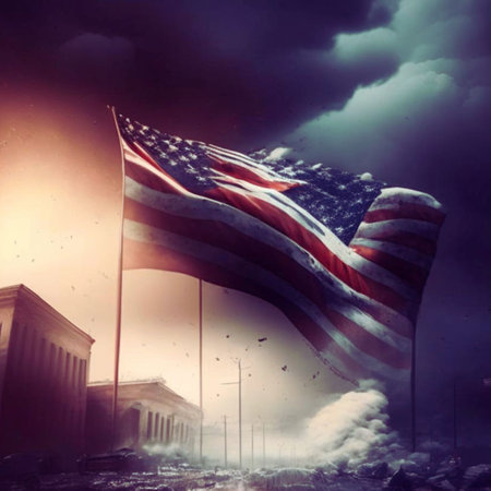 American flag in the stormy sky. 3D illustration, 3D renderingの素材