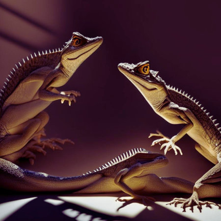 two iguanas on a black background, closeup of photoの素材