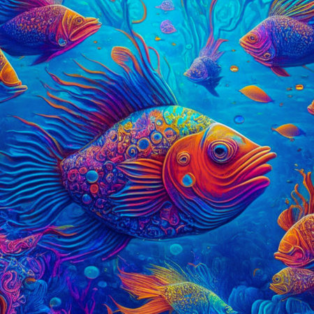 Tropical fish in deep blue sea. Colorful background.の素材