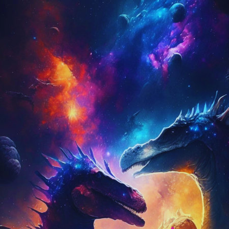 Fantasy dragon in space. Colorful background. 3D renderingの素材