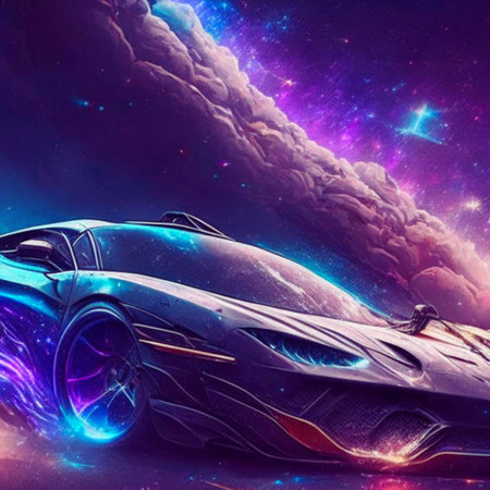 Futuristic car in space. Colorful cosmic background. 3D renderingの素材