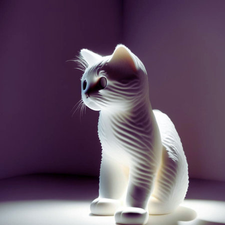 White cat on the background of a wall with light and shadow.の素材