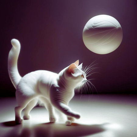White cat plays with a ball in the studio on a dark backgroundの素材