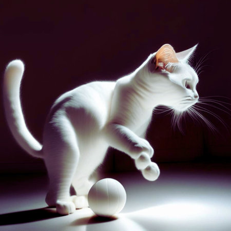 White cat plays with a ball on a dark background. Shallow depth of fieldの素材