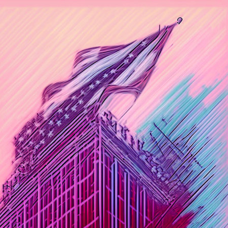 Illustration of a skyscraper with an American flag in the foregroundの素材