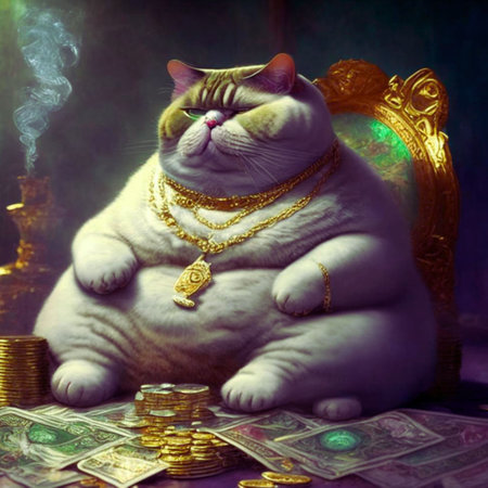 White cat with gold chain and dollar bills on the background of the rich interiorの素材