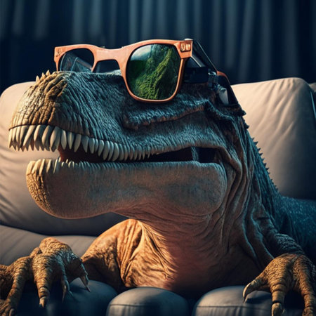 dinosaur with sunglasses on the sofa. 3d rendering. toned imageの素材