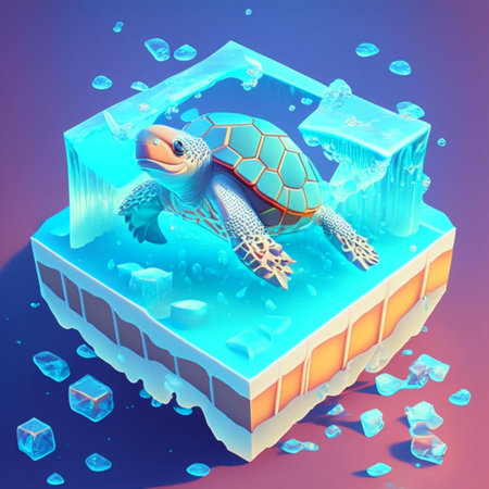 Turtle in ice cube. 3d illustration. Blue background.の素材