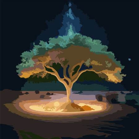 Illustration of a tree in a lake at night. Vector illustrationのイラスト素材