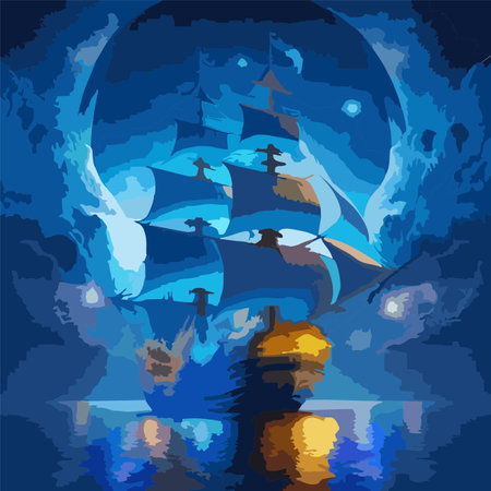 Pirate ship in the sea. Vector illustration for your design.のイラスト素材