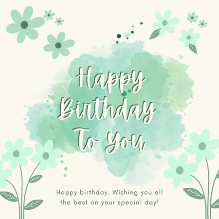 Happy birthday card with watercolor background and hand drawn flowers. Vector illustration.の写真素材