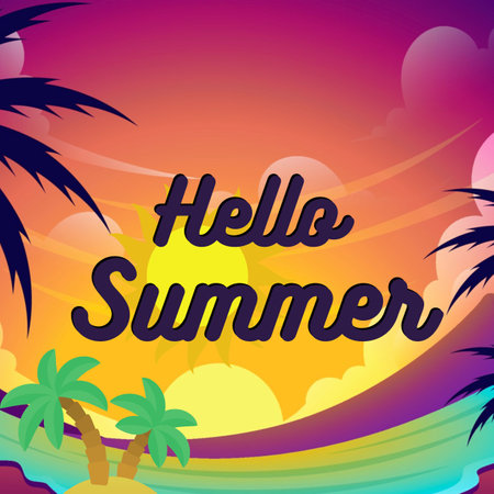 Hello Summer lettering with palm trees and sunset background. Vector illustration.の写真素材