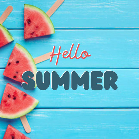 Hello Summer lettering with watermelon ice cream on blue wooden backgroundの写真素材