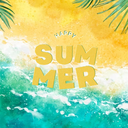 Summer lettering with tropical leaves on watercolor background. Vector illustration.の写真素材