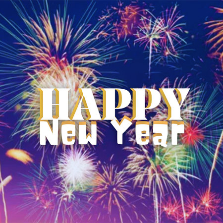 Happy New Year greeting card with fireworks and text. Vector illustration.の写真素材