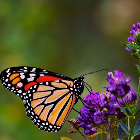 Butterfly on a purple clover flower in a summer gardenの写真素材