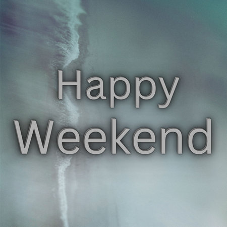 Happy weekend message on blurred sky background with space for your text.の写真素材