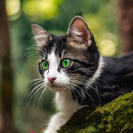 Cute cat with green eyes on the tree in the garden.の素材