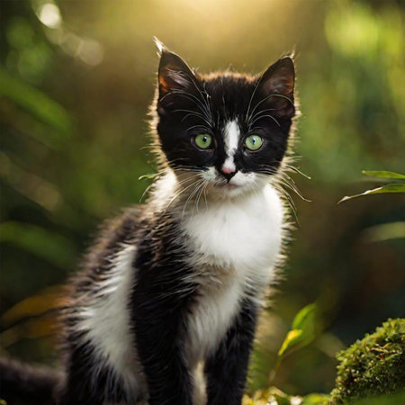 black and white kitten with green eyes on a background of green grassの素材