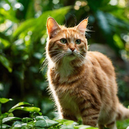 Cute ginger cat sitting on the green grass in the garden.の素材