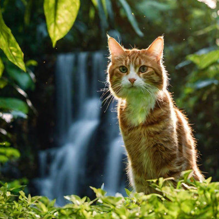 Cute ginger cat in the garden with a waterfall in the backgroundの素材