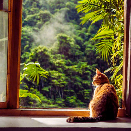 Red cat sitting on a window sill and looking out of the windowの素材