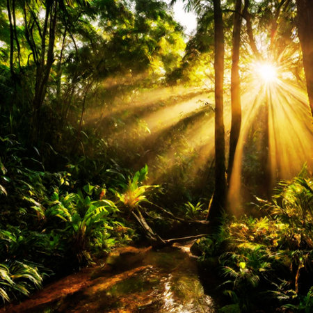 Sun rays shining through the trees in the rainforest. Nature backgroundの写真素材