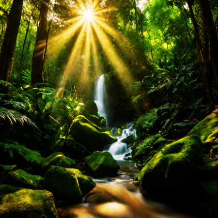 Beautiful waterfall in the rainforest with sunbeams and lens flareの写真素材