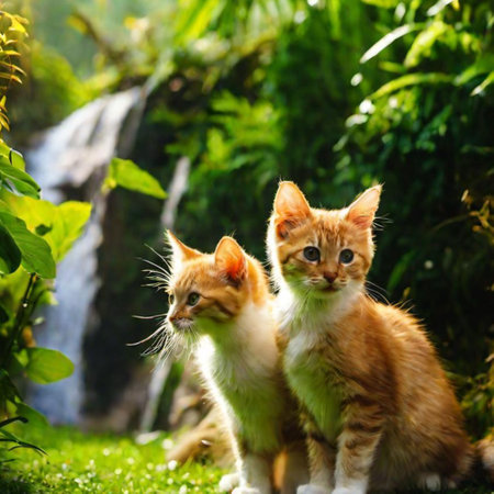 Two cute red kittens sitting on the grass in front of a waterfallの写真素材