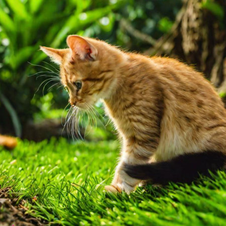 Cute ginger kitten playing on green grass in the garden, selective focusの写真素材