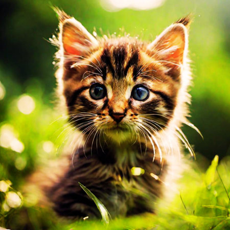 Cute little kitten on green grass background. Shallow depth of fieldの写真素材