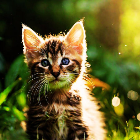 Cute little kitten on green grass in sunlight. Animal portrait.の写真素材