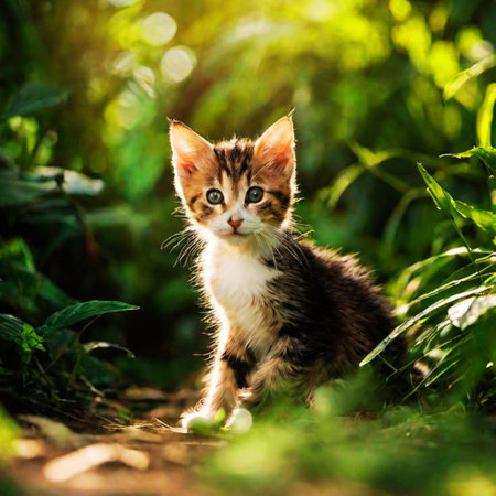 Cute little kitten in the green grass. Selective focus.の写真素材