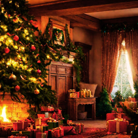 Interior of cozy living room decorated for Christmas and New Year.の素材