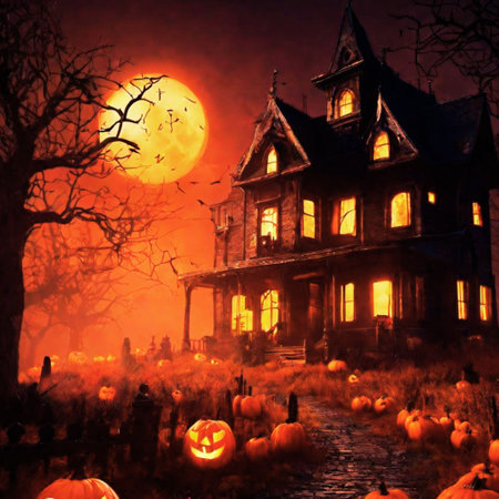 Halloween background with pumpkins, haunted house and full moon.の素材