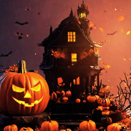 Halloween pumpkin and haunted house in the night, halloween backgroundの素材